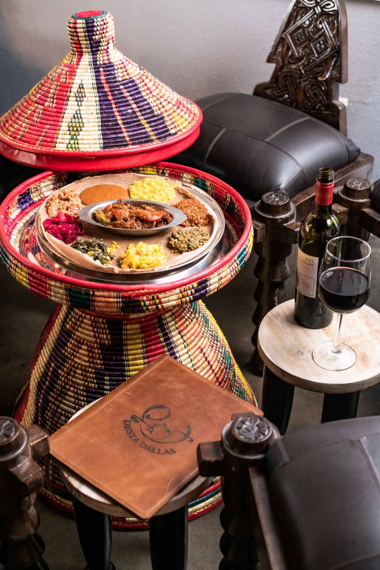 Ethiopian platter and wine at Desta Dallas restaurant