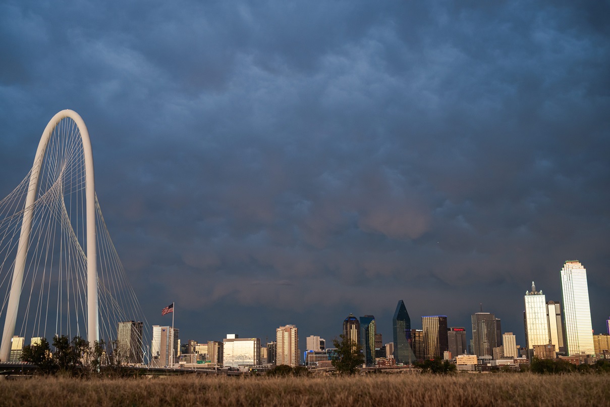 Storm clouds over the Dallas skyline and Margaret Hunt Hill Bridge